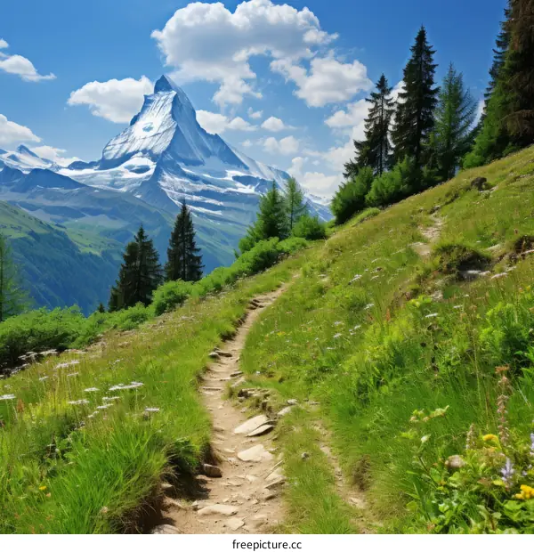 Rugged Mountain Path with View of Majestic Snow-covered Alps