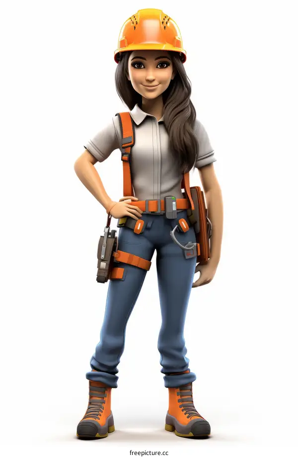 A female construction worker wearing a hard hat and safety gear