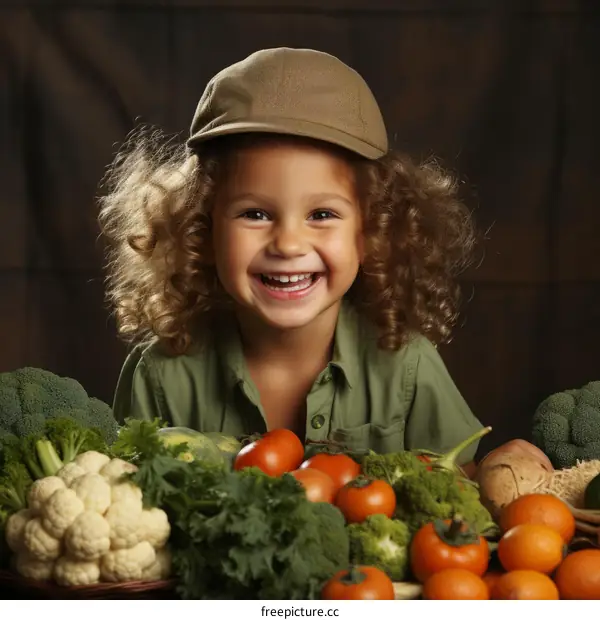Little girl with curly hair in a green shirt and brown cap surrounded by fresh organic vegetables