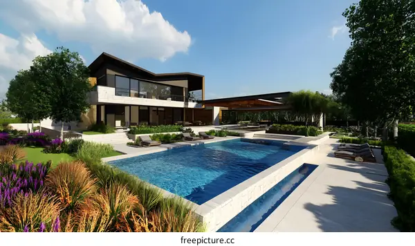 Modern House with Swimming Pool and Landscaping