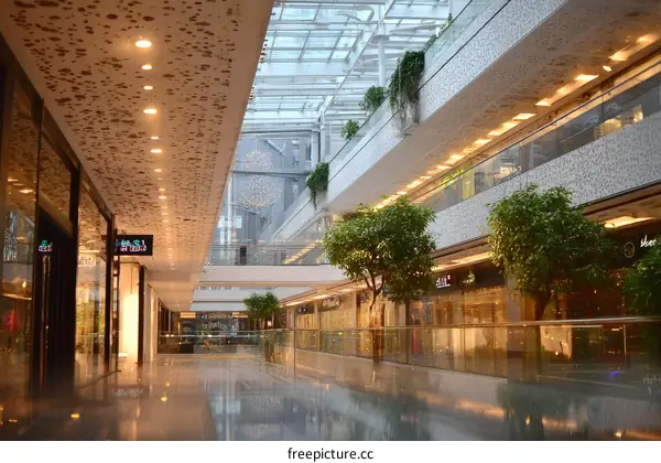 Modern Shopping Mall Interior with Lush Green Plants