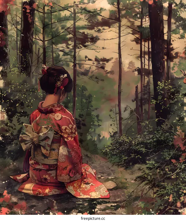 A woman in a red kimono is sitting in a forest