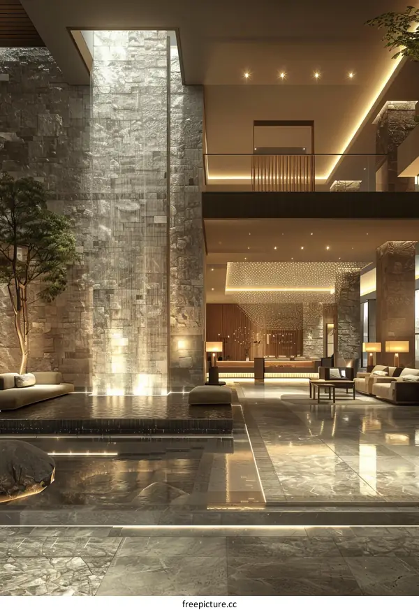 Modern Luxury Hotel Lobby Design with Waterfall Feature