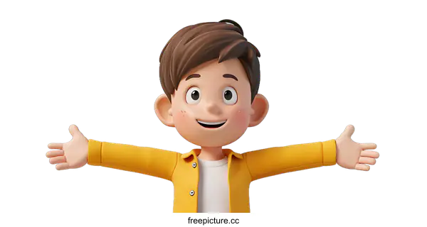 [Transparent Background PNG]3d cartoon character of a boy with brown hair and freckles wearing a yellow jacket and white t-shirt with his arms outstretched