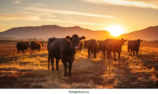 Cattle grazing in a pasture at sunset