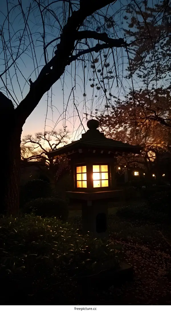 Japanese Stone Lantern in Spring Garden at Dusk