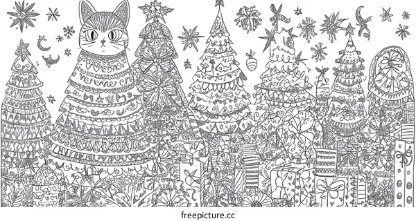 Christmas Cat Doodle Illustration with Decorations and Gifts