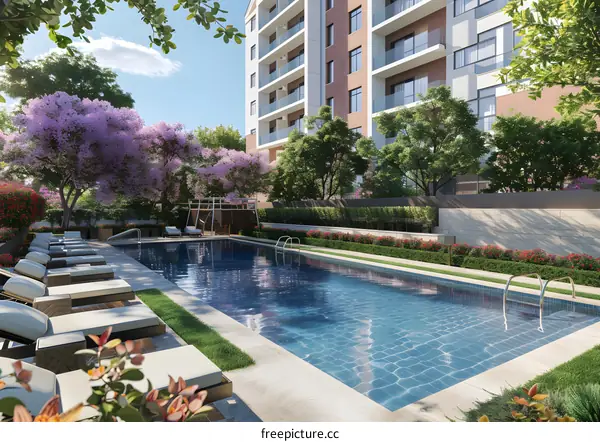 Luxury Apartment Building With Swimming Pool And Landscaping