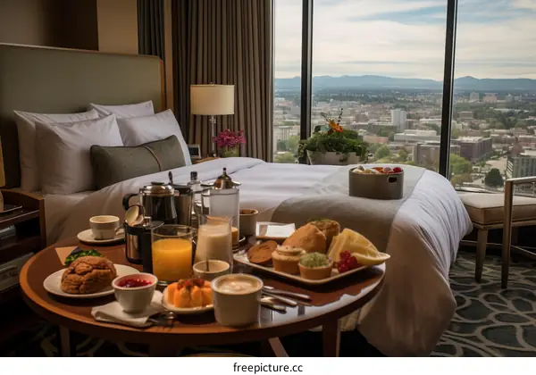 Hotel room with a view of the city