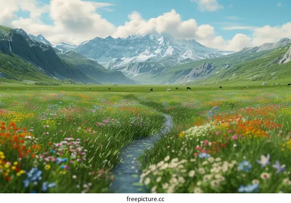 Cattle grazing in a lush green valley with snow-capped mountains in the distance