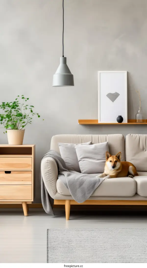 Beige and gray Scandinavian dog-friendly living room with plants and a cozy sofa