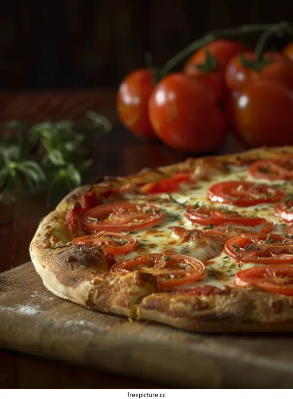 Close-up of a delicious pizza with fresh tomatoes, basil, and cheese