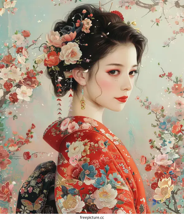 An Asian woman in a red kimono with flowers in her hair