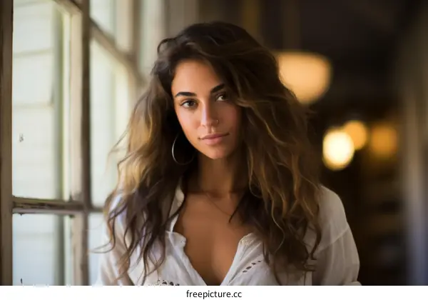 portrait of a young woman with long brown hair and a white shirt