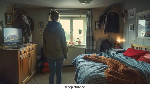 A woman standing in a bedroom looking out the window