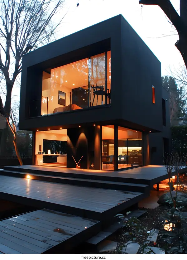 Modern Black House With A Wooden Deck