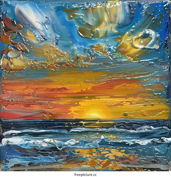 Abstract Sunset Painting with Ocean Waves