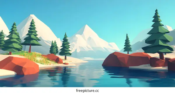Low Poly Mountain Landscape with Pine Trees and River