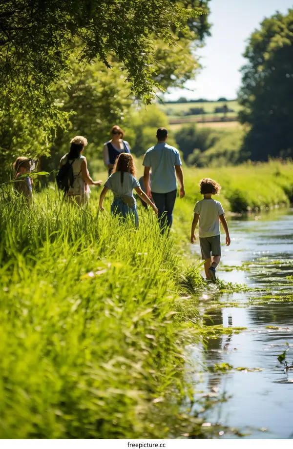 Family walking through a river