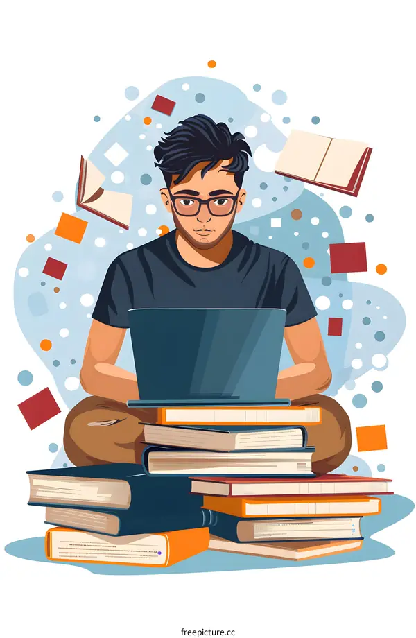 Man Sitting on Books with Laptop and Glasses Illustration
