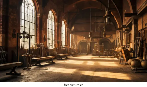 An empty retro gym with brick walls and large windows