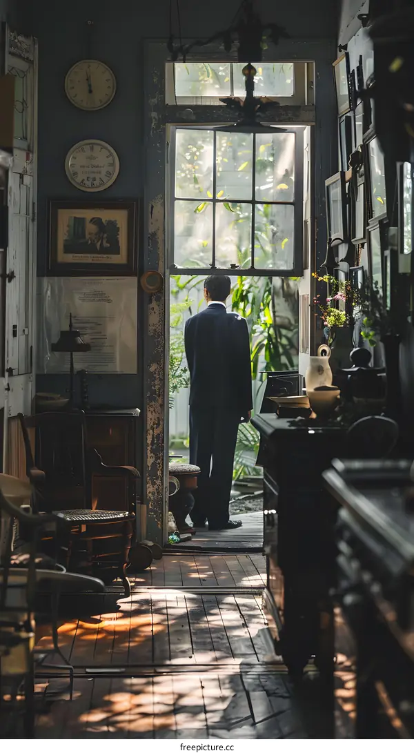 Man In Suit Standing in the Doorway of a Vintage Home