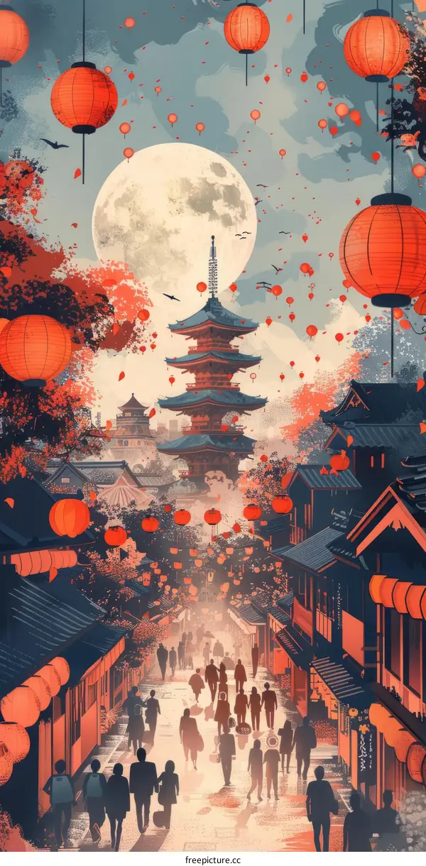 Japanese street at night with pagoda and red lanterns