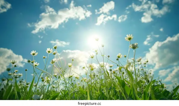 Sun Shining on a Field of White Flowers