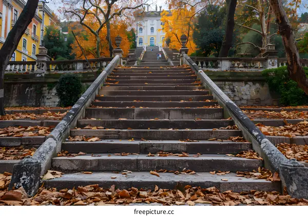Stone Stairs Leading Up to Building With Autumn Leaves