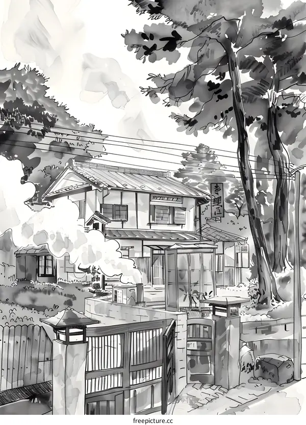 Black and White Ink Illustration of a Traditional Japanese House with a Gate and a Large Tree