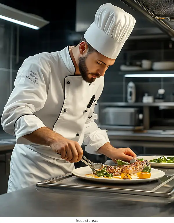 Chef Preparing Food in a Restaurant Kitchen