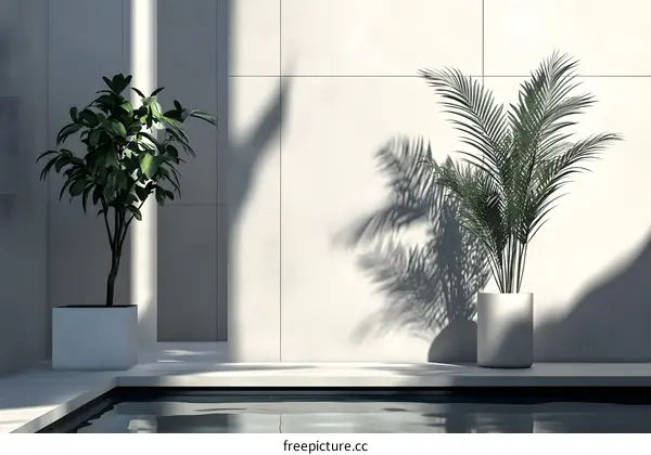 Minimalist Poolside Design with Green Plants and Sunlight