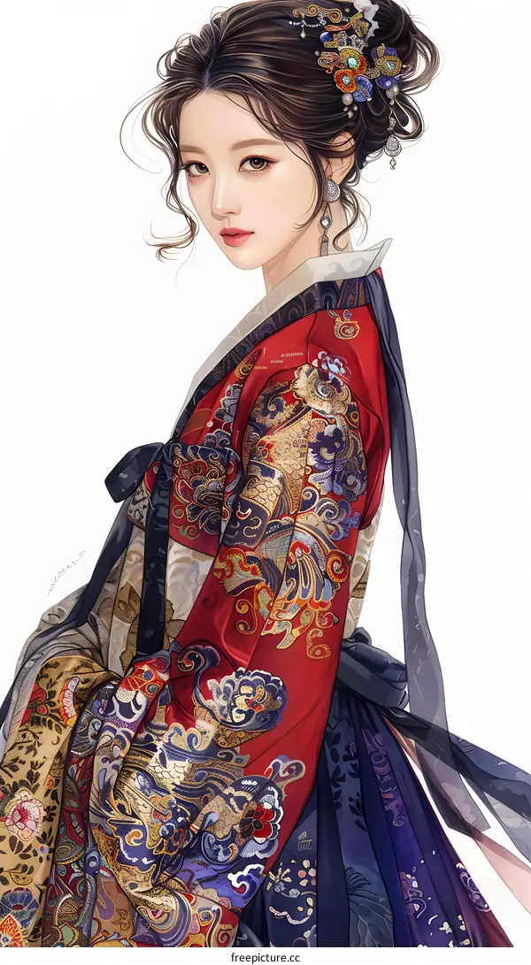 A beautiful illustration of a woman in a red and blue hanbok