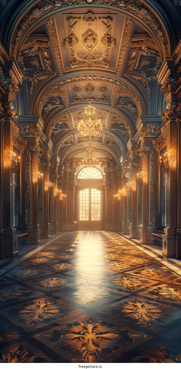 Opulent Palace Hallway with Marble Floor and Golden Walls