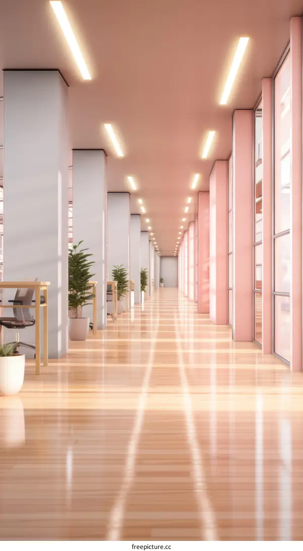 Empty Pink Office Hallway with Wooden Floor and Large Windows