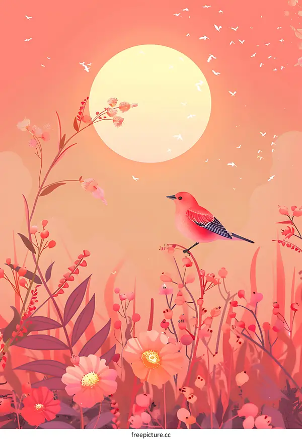 Pink Bird on Flowers with Sunset Background