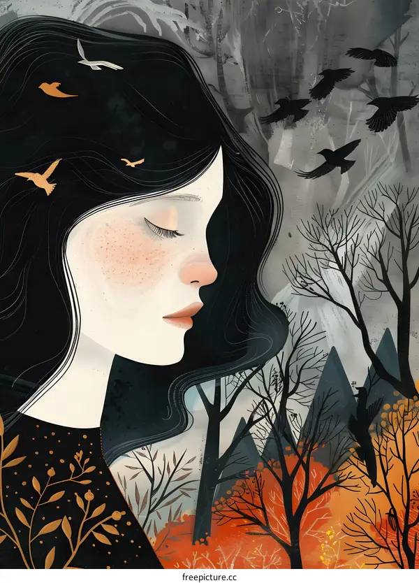 Woman With Long Hair in Forest with Birds