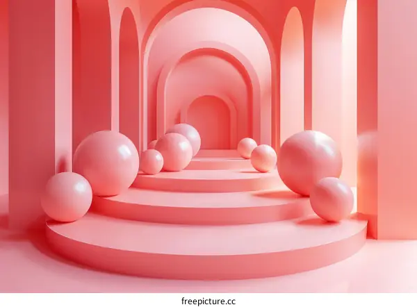 Pink balls on a podium in a pink arched hallway