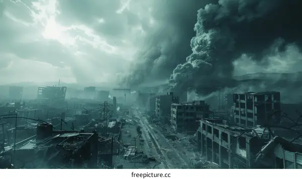 Ruined city with large plume of smoke from explosion