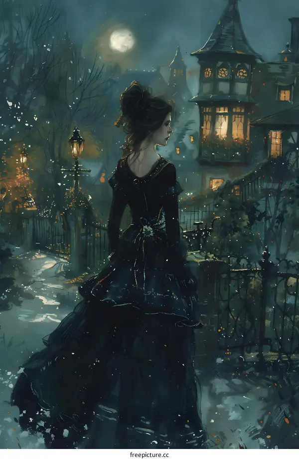 A woman in a black dress standing in front of a house