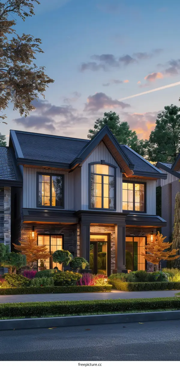 A rendering of a modern house with a black roof