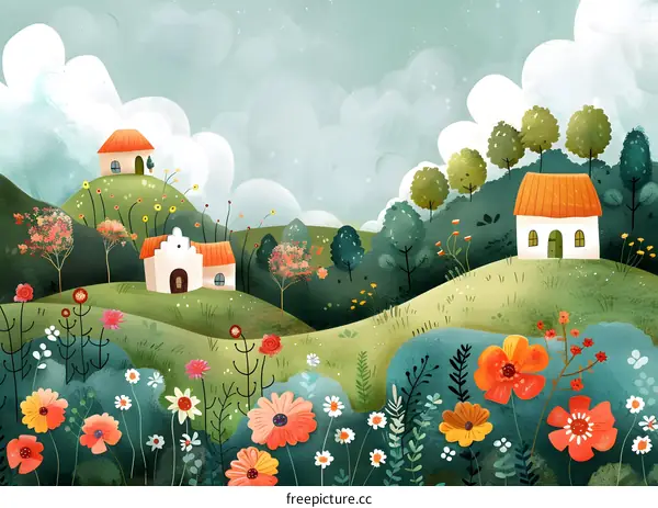 Cute Cartoon Illustration Of A Village With Hills And Flowers