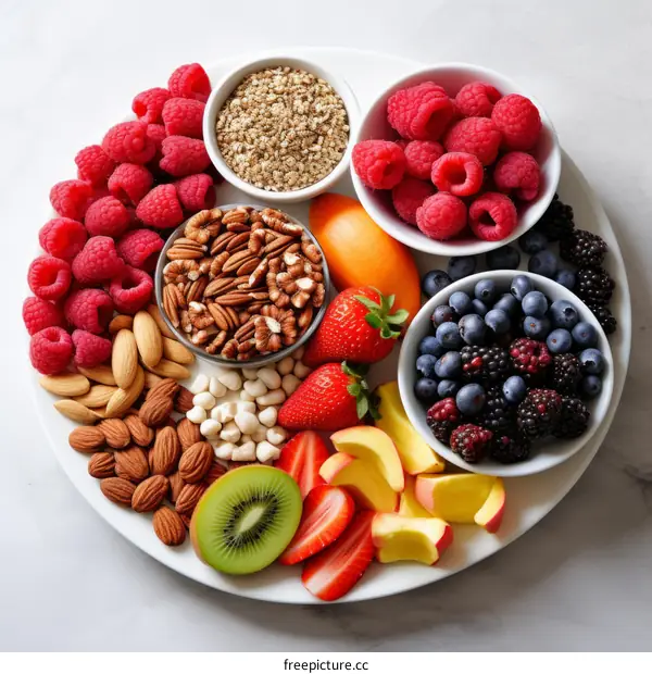 Assorted Fresh Fruits and Nuts on White Plate