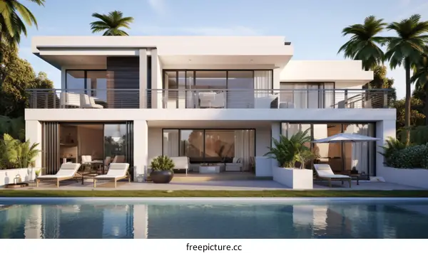 Modern Villa with Swimming Pool and Palm Trees