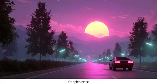 Retro Futuristic Road Trip Sunset Landscape