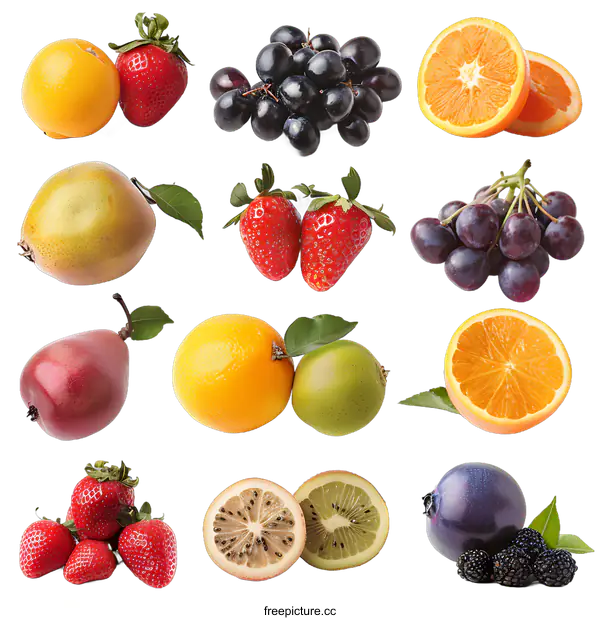 [Transparent Background PNG]Fresh Fruit Collage: Oranges, Grapes, Strawberries, Pears, and Kiwi