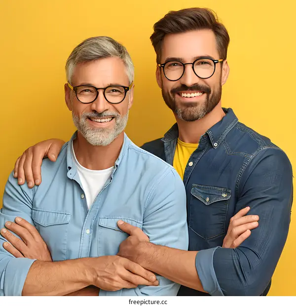 Two Smiling Men In Blue Shirts Standing Together On A Yellow Background