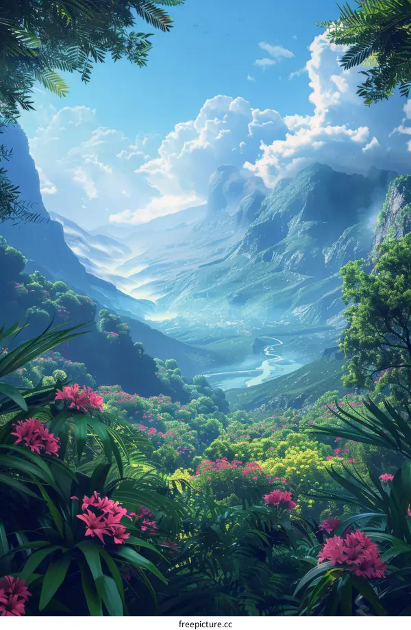 Lush Fantasy Landscape with Majestic Mountains and Flowing River