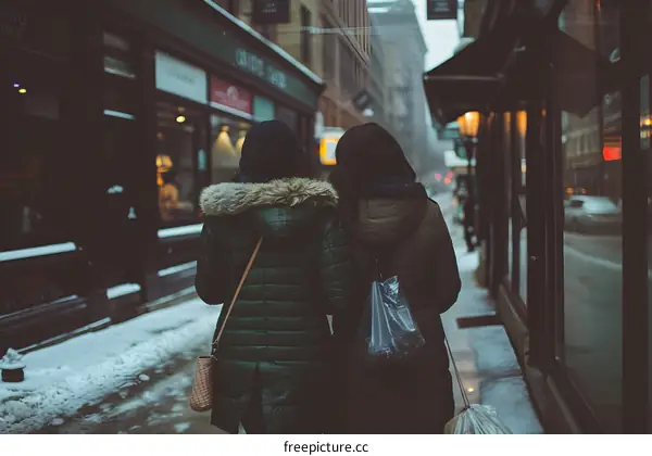 Two Women Walking on a Snowy Street in Winter
