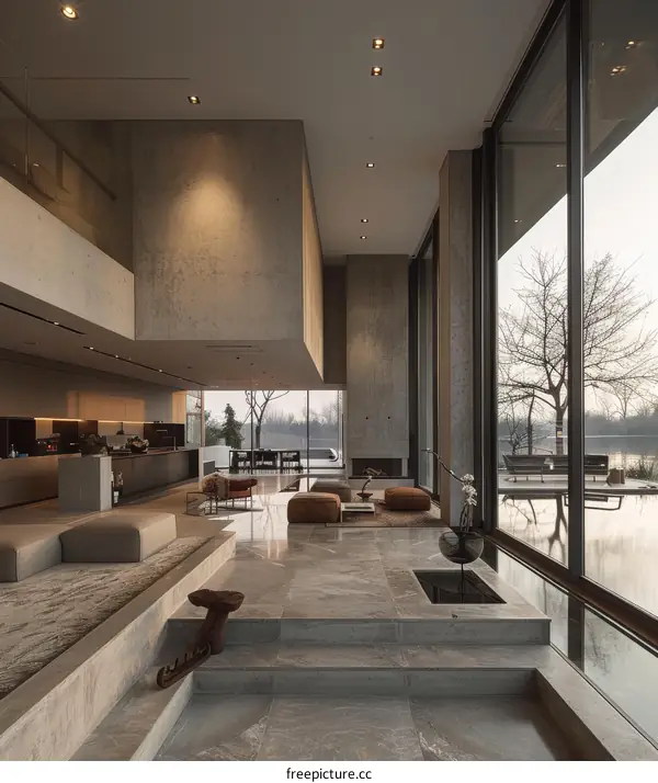 Modern minimalist house interior with open floor plan and large windows